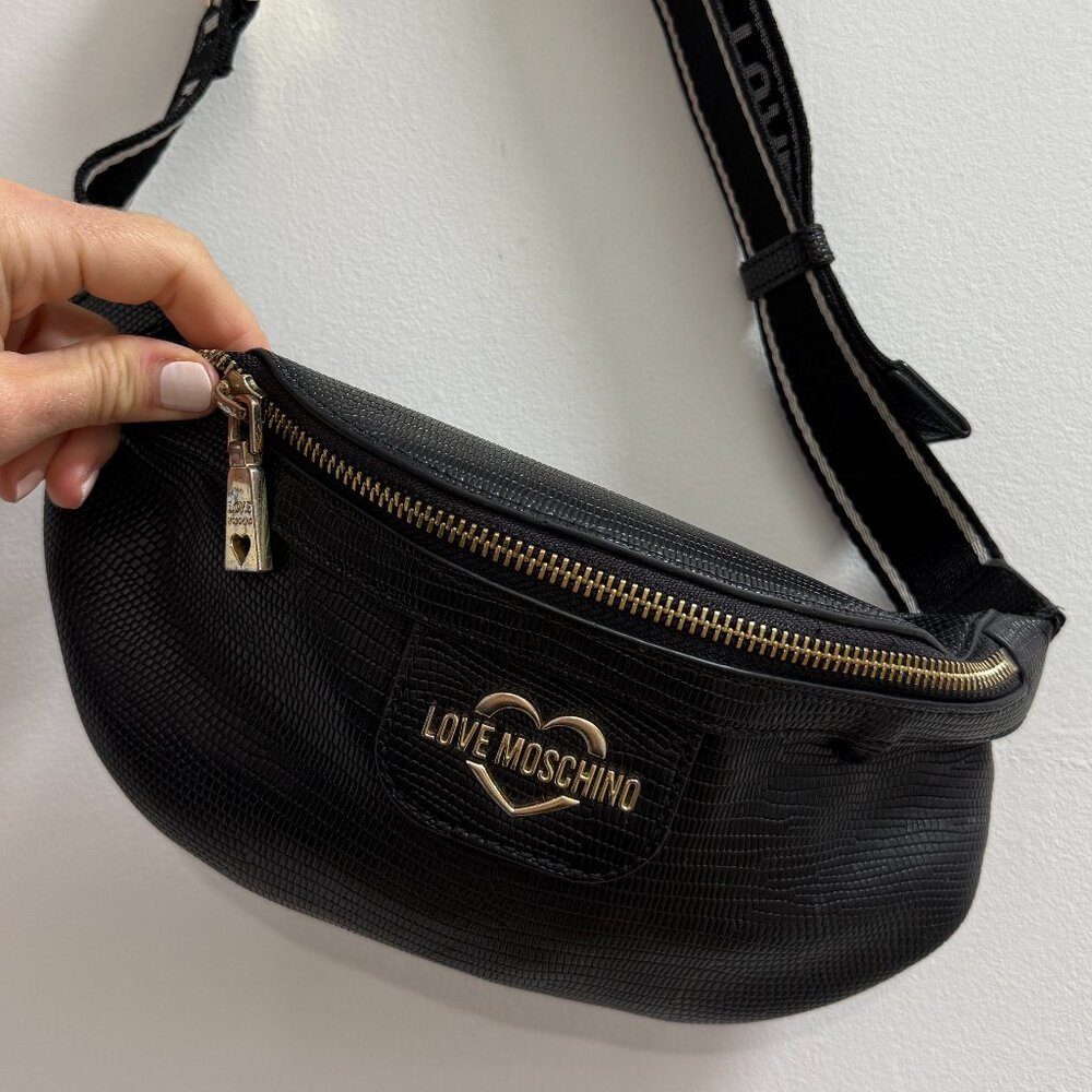Moschino Black Leather Fanny Pack
